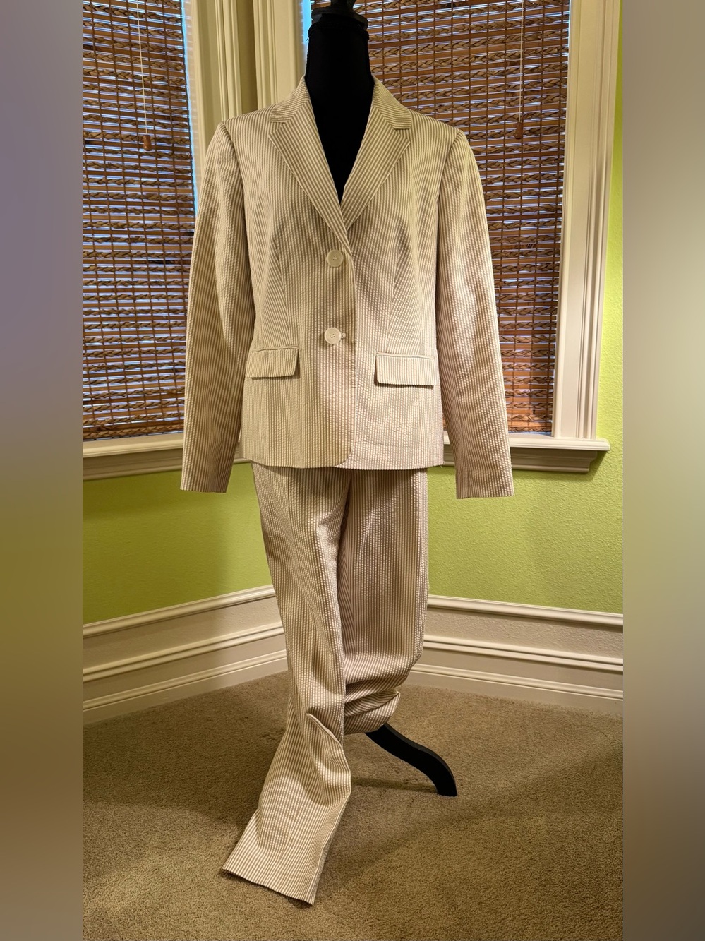 Le Suit Cream Pinstripe Women's Two-Piece Suit